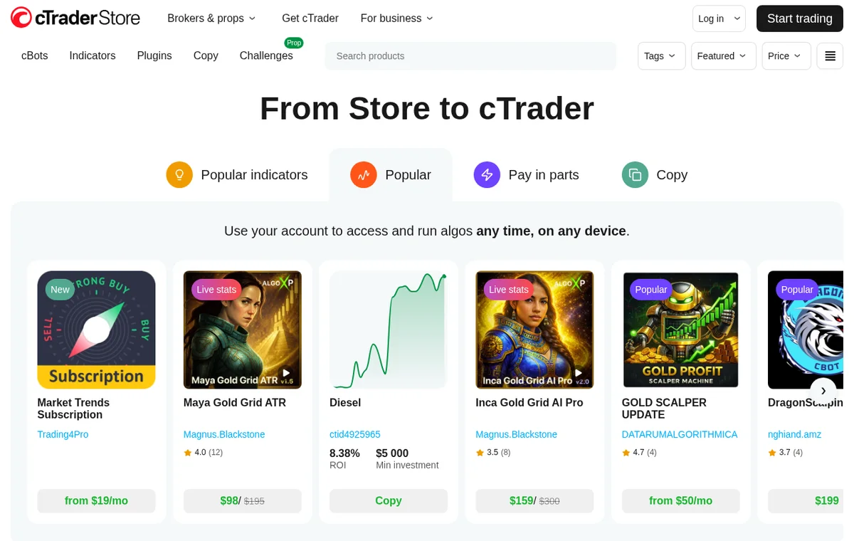 cTrader — официальный интерфейс, верхняя часть
