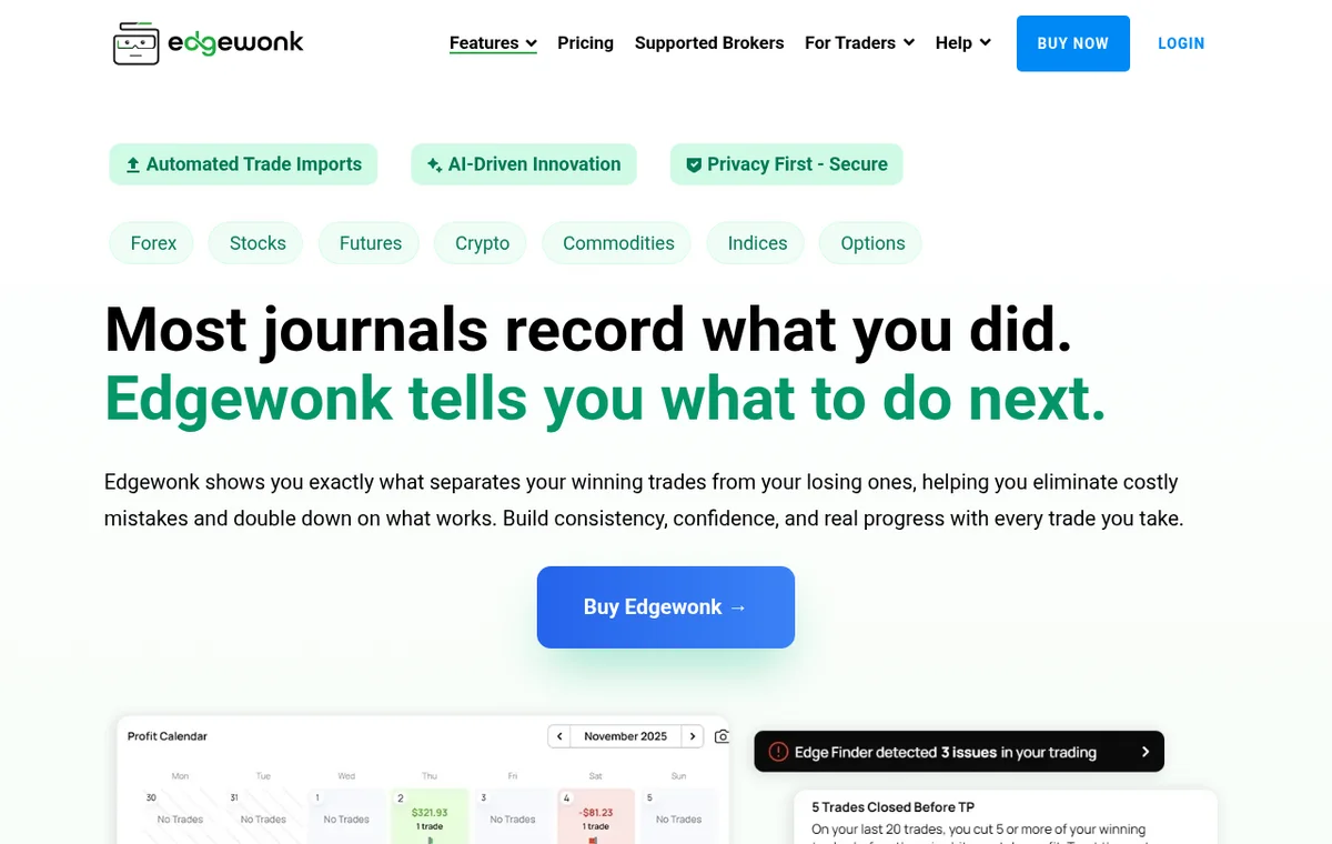 Edgewonk — официальный интерфейс, верхняя часть