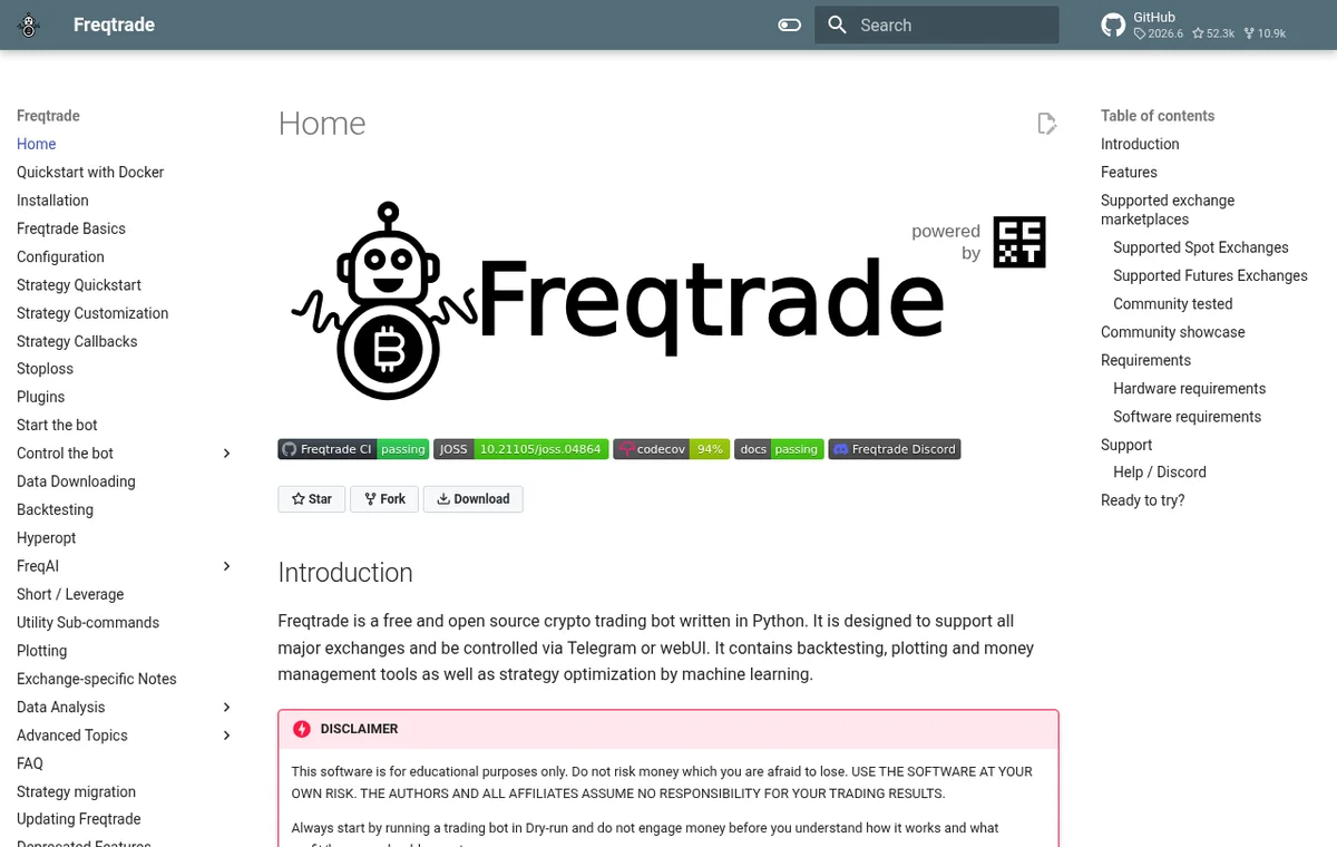 Freqtrade — официальный интерфейс, верхняя часть