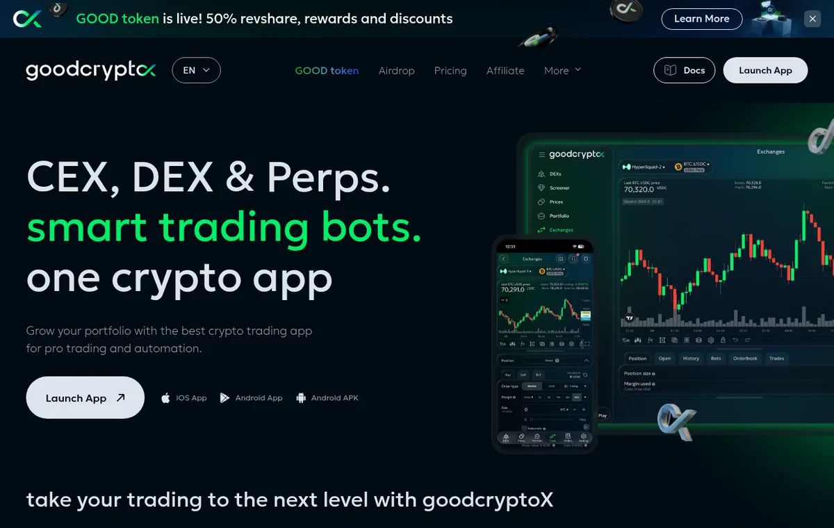 goodcryptoX — официальный интерфейс, верхняя часть