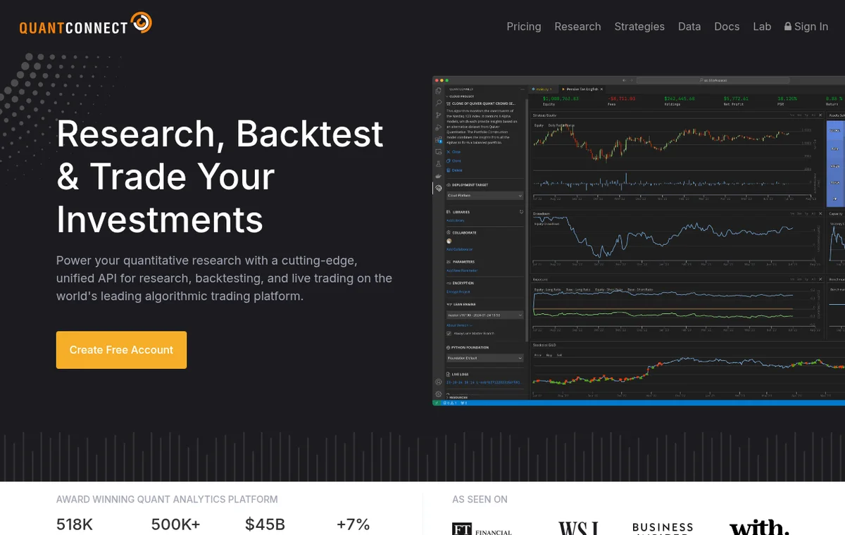 QuantConnect — официальный интерфейс, верхняя часть