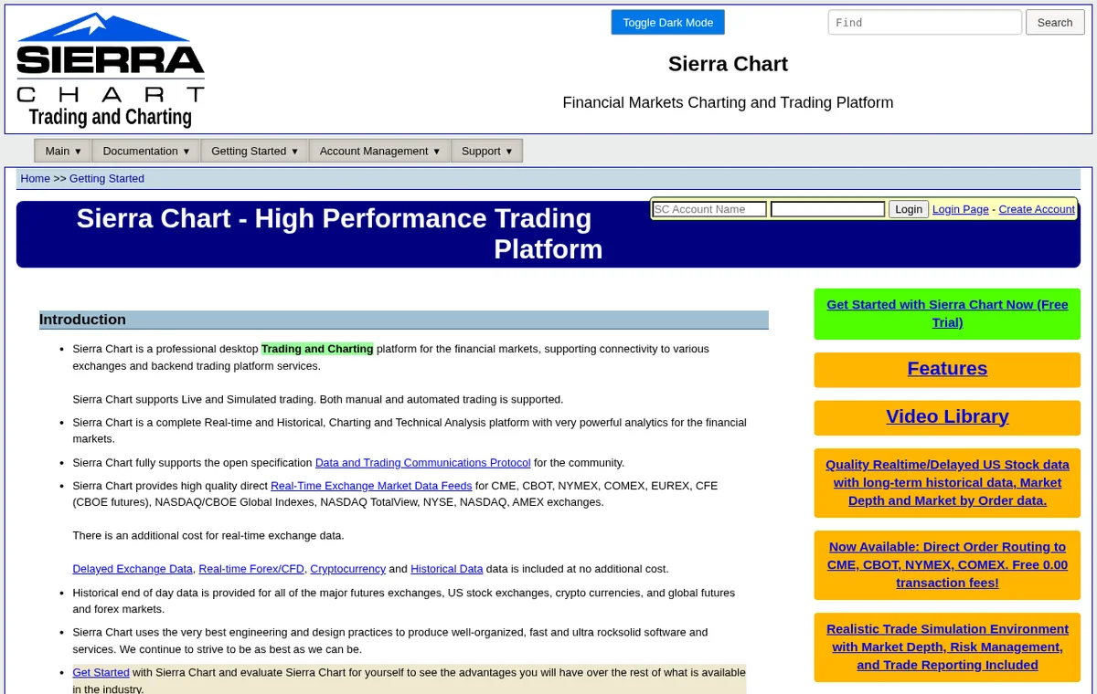 Sierra Chart — официальный интерфейс, верхняя часть